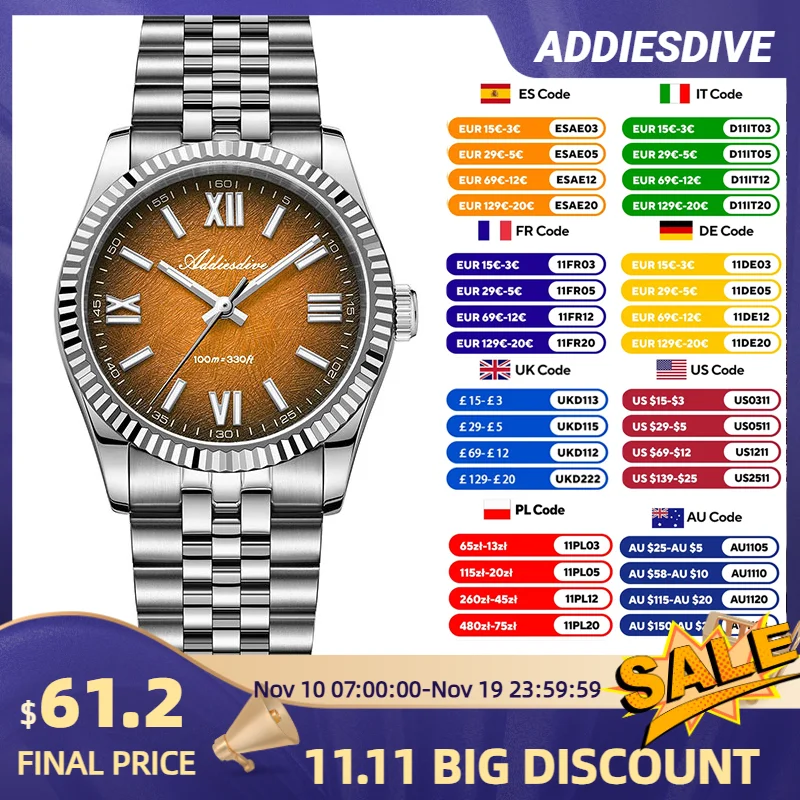 

ADDIESDIVE Hot Sale Watch For Men 36mm Jubilee Strap Luminous Sapphire Grass 10Bar Waterproof VH31 Movement Quartz Watch AD2512