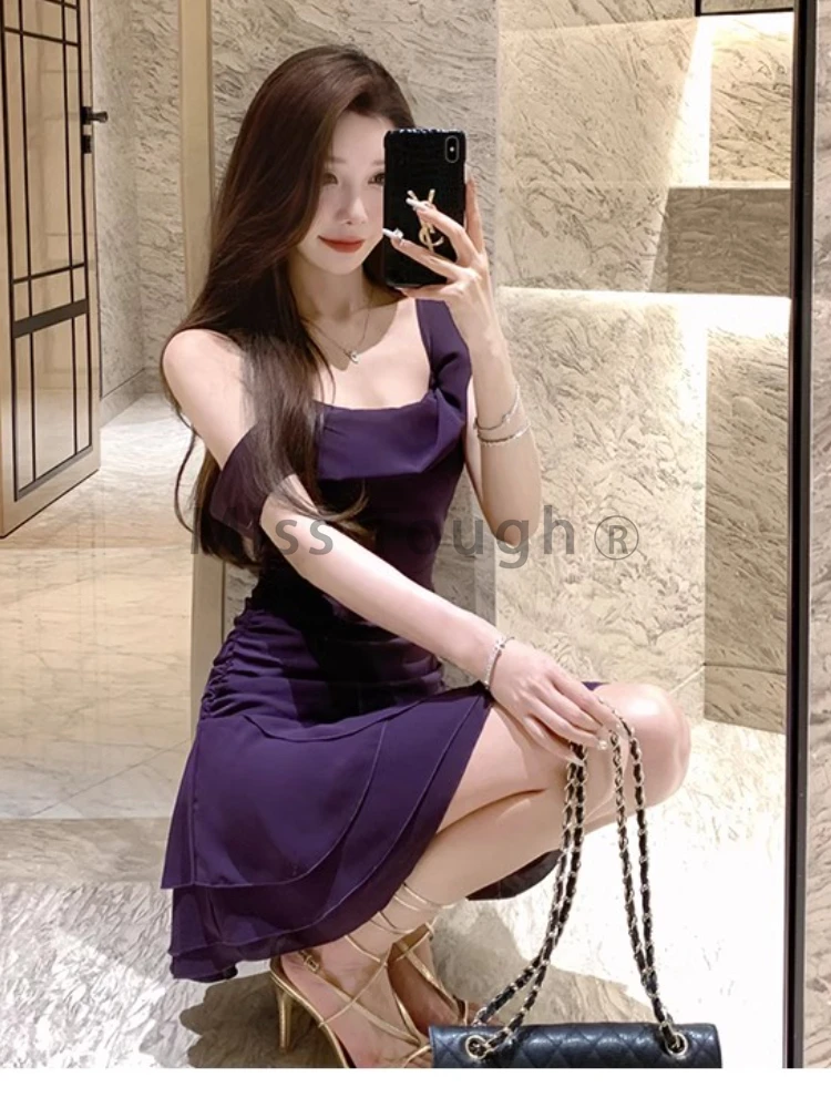 Summer Sexy Purple Sleeveless Party Dress Women Fashion Y2k A-line Slim Streetwear Dresses Elegant Chic Pleat Waist Up New Dress