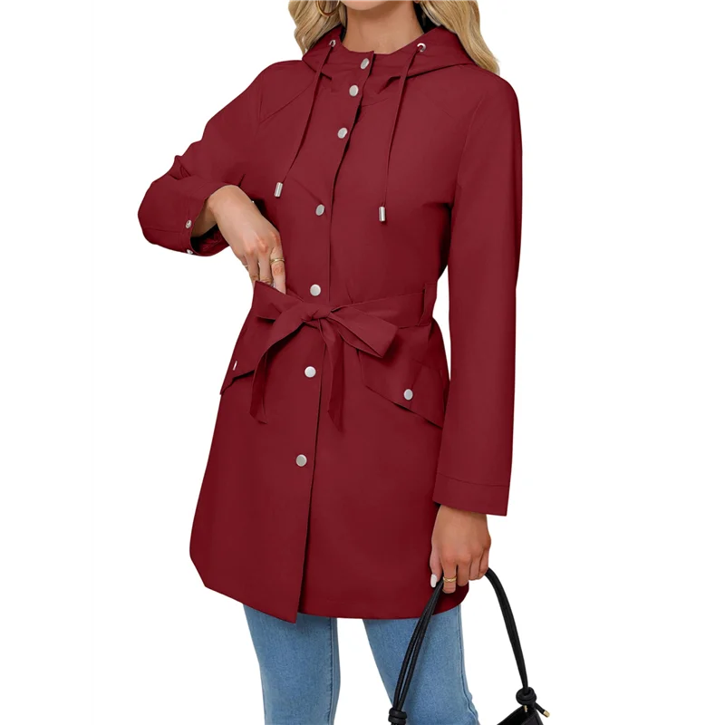 

AA01-Women Hooded Classic Tie Belt Drawstring Outdoor Activity Waterproof Rain Coat Windbreaker