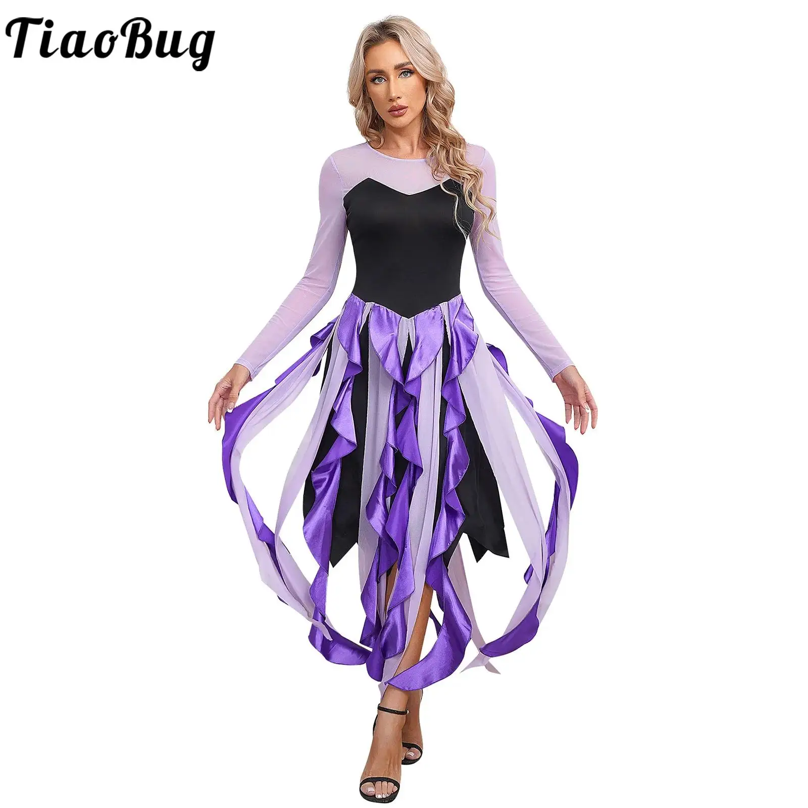 

Womens Halloween Sea Witch Mermaid Cosplay Costume Octopus Witch Role Play Long Sleeve Tassels Sheer Mesh Maxi Dress Dress Up