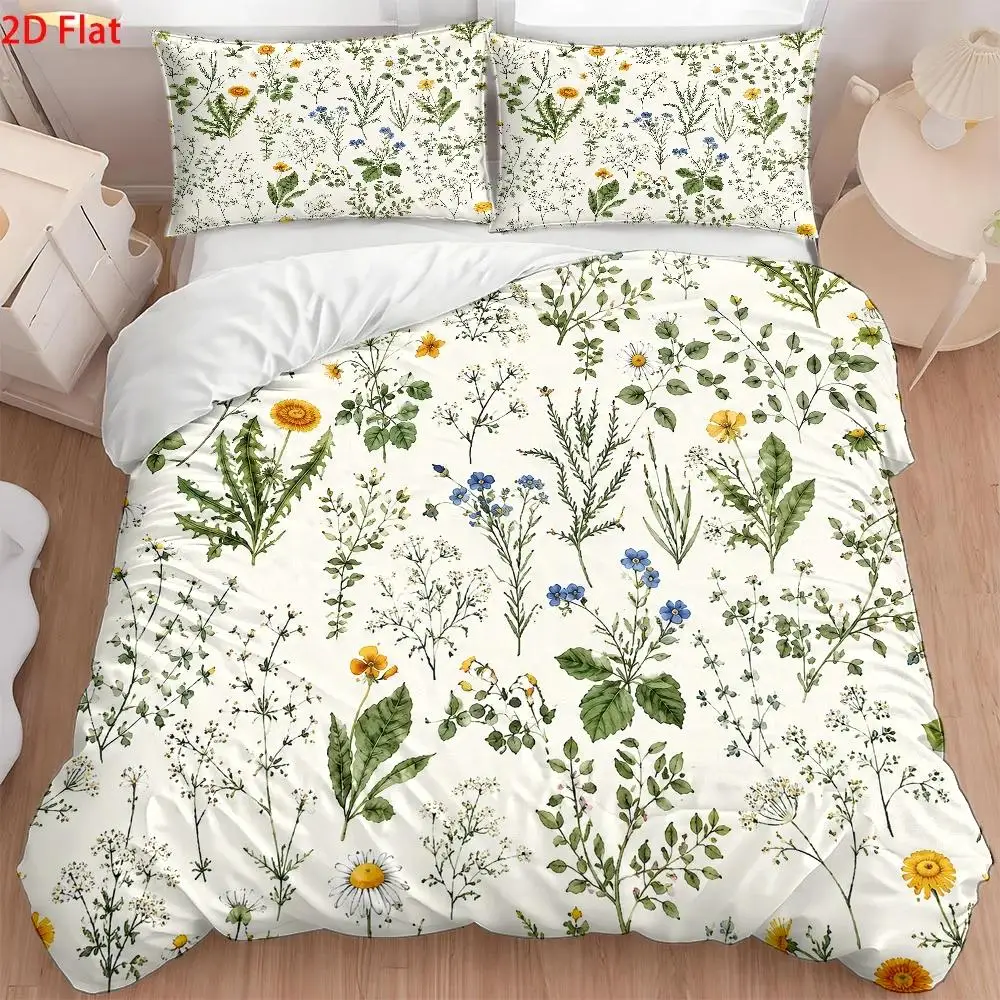 3Pc Nordic Style Floral Print Quilt Cover Set, Three-Piece Bedding Set (1*Quilt Cover + 2*Pillowcases), Skin-Friendly, Breathable, Soft and Comfortable Double Bedding, Quilted Quilt Cover with Invisible Zipper, Easy to Clean and Durable, Suitable for All Seasons, Machine Washable, Wrinkle-Resistant Bedding, Modern Minimalist Light Luxury Cozy Home Bedroom Decoration, Multi-Purpose Bedding Set for Student Dormitory Master Bedroom Guest Room, Large Double Bed Cover 3Pcs Plant Print Bedding 2D