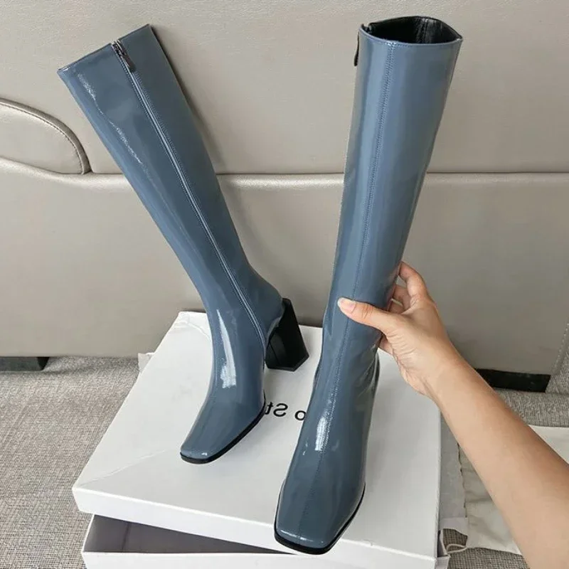 Obuwie Niebieskie Buty Damskie Zimowe Buty do Kolan dla Kobiet Square Toe Długie Wiosna Jesień Moda 2024 Trend Pracy