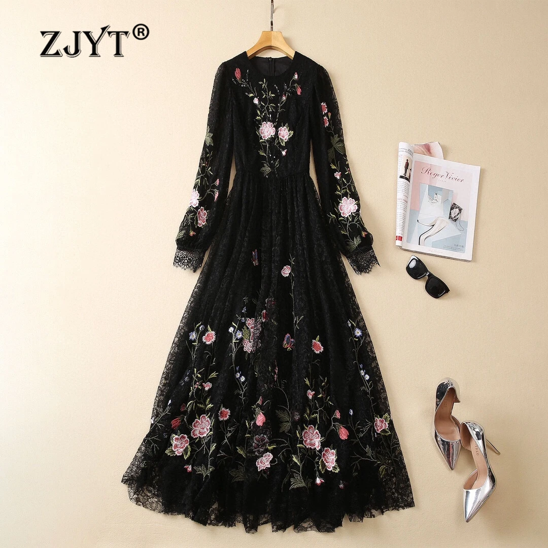 

ZJYT Elegant Floral Embroidery Lace Long Dresses for Women 2024 Autumn Luxury Evening Gown Party Dress Full Sleeve Black Vestido