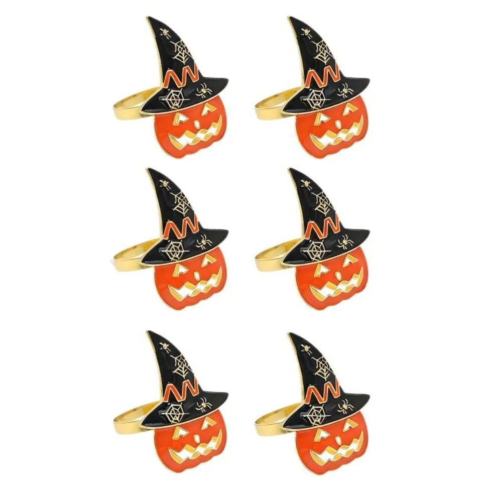 6pcs Enamel Metal Pumpkin Napkin Ring Vibrant Orange Smooth Edge Witch Hat Buckle Waterproof Reusable Halloween Table Decor