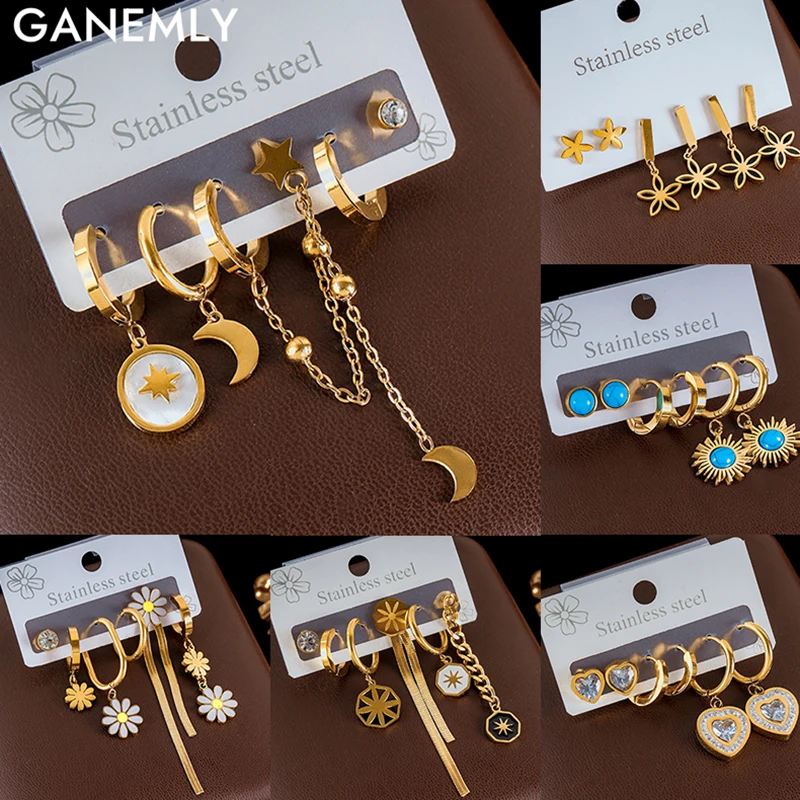 GANEMLY 316L Edelstahl Mond Blume Herz Baumeln Ohrringe Set Für Frauen Neue Mode Gold Farbe Ohr Schmuck Urlaub Geschenk