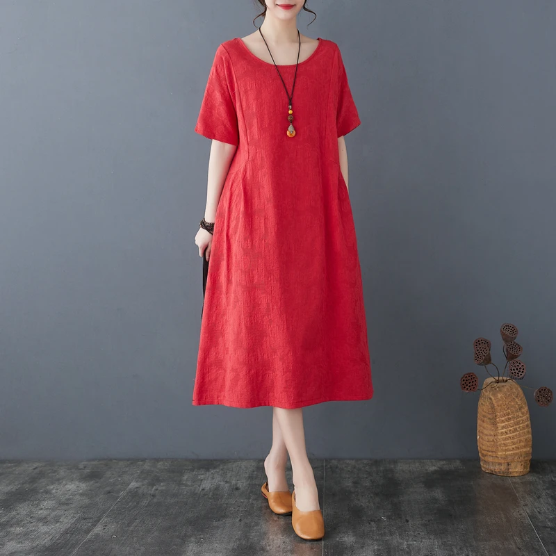 

Summer 2024 Women's Loose A-Line Midi Dress Waist-Cinching Hide Belly Slimming Cotton Linen Embroidered Dress plus Size