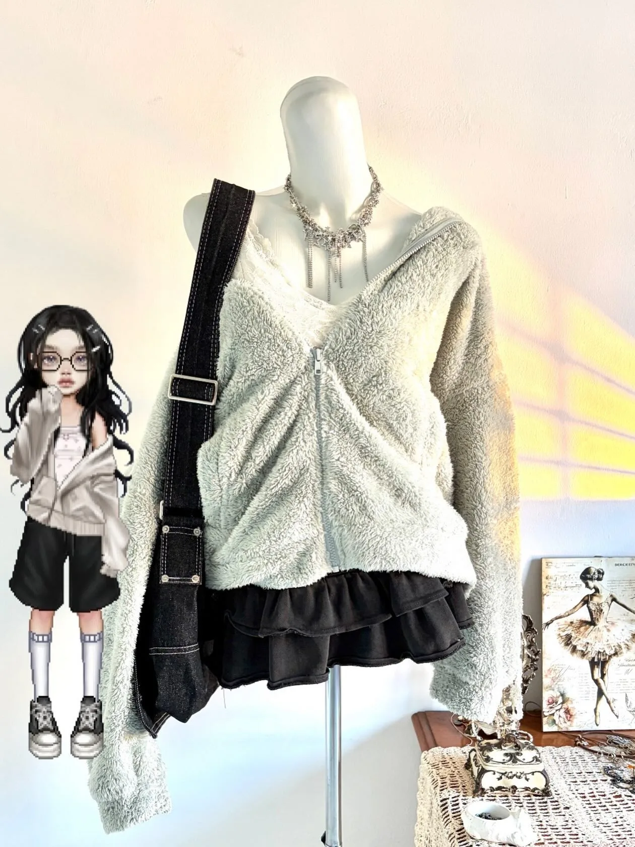 Grunge Alt Women Off Shoulder Fluffy Fleece Jacket Double Zipper Loose Y2K Plush Hooded Coat