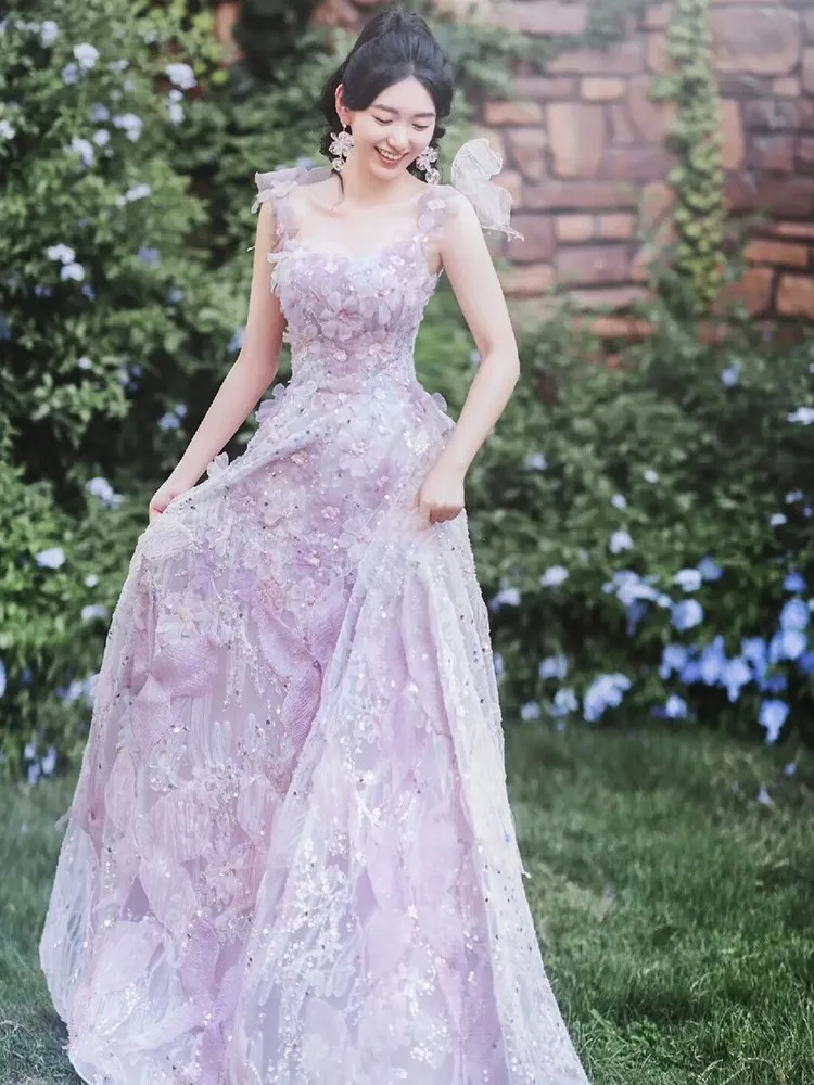 여성 호스트 오프숄더 플라워, 분위기 있는 디너 슬링, 보라색 원피스