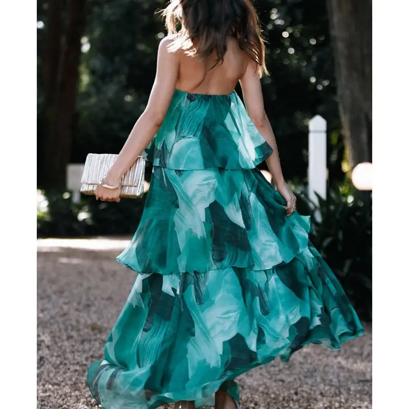 Combhasaki feminino verão boho floral impressão sem alças plissado em camadas sem costas solto a linha bolo tubo vestido longo streetwear