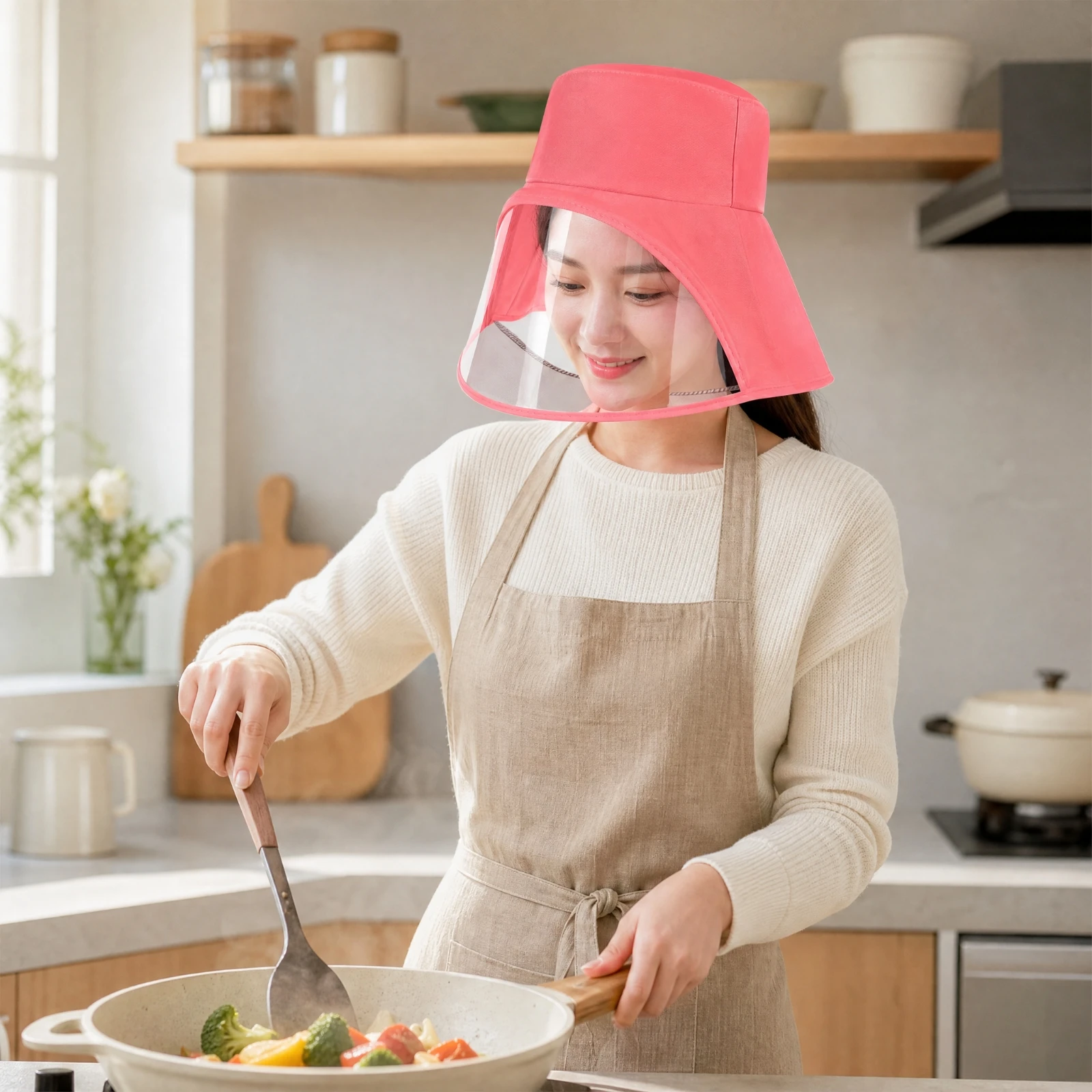 One-Piece Cooking Hat with Transparent Visor Lightweight Cooking Hat with Face Guard Headwear Reusable for Home Cooks, Frying