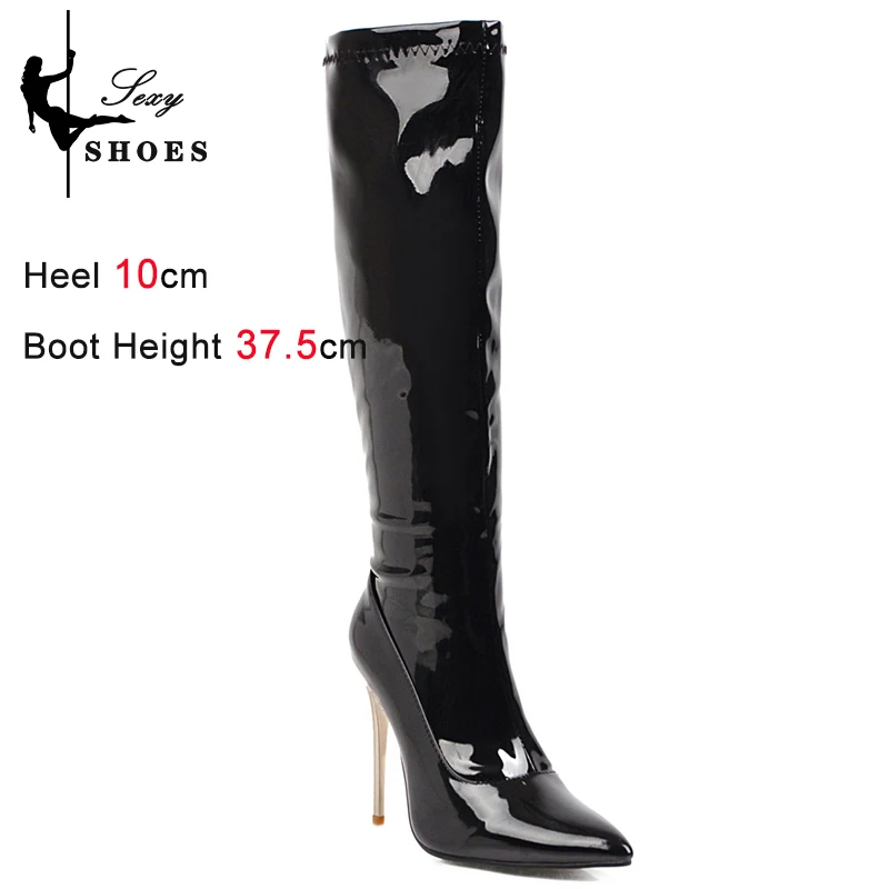 Knee-High Women\'s Boots Fashion Pointed Zipper High Heel 10cm High Tube Sexy Ladies Boots Plus size 34-48 Gothic Fetish Stiletto