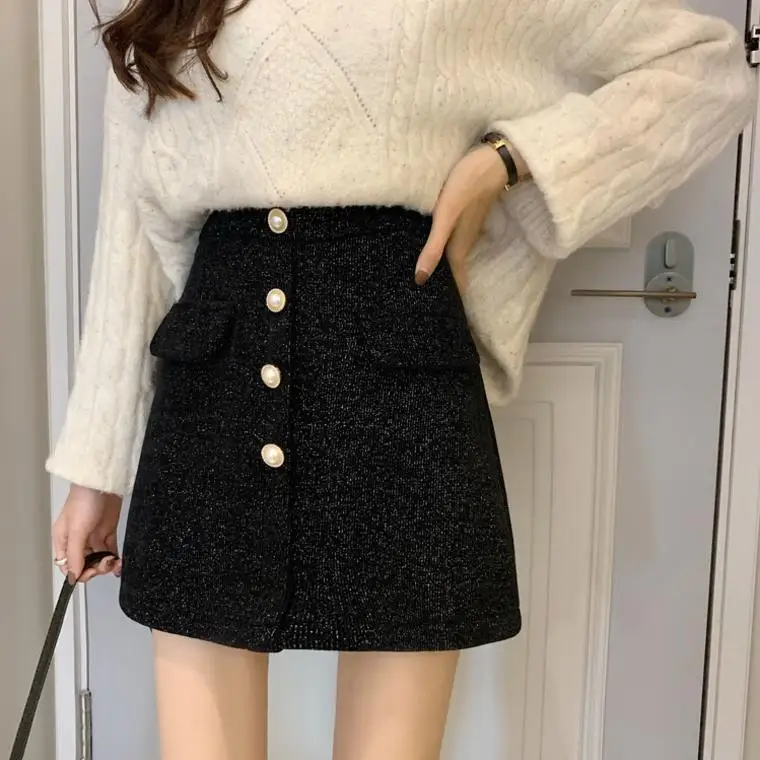 Skirt With Bright Silk Buttons Design High-Waisted Spring Autumn Women New Solid Color A-Line Versatile Hip-Hugging Short Skirt