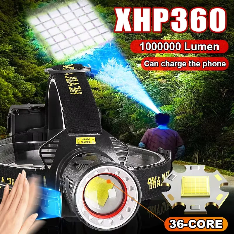 

1000000LM XHP360 IR Sensor Led Headlamp Head Flashlight Type-c Recharge Front Head Light Powerful Head LED Light Fishing Lantern