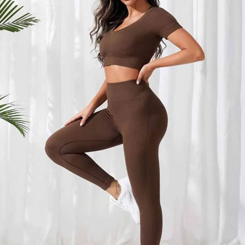 

Seamless Knitted Sports Yoga Suit Women Quick Drying Set Short Sleeve Shirts High Waist Leggings Pants For Fitness Running