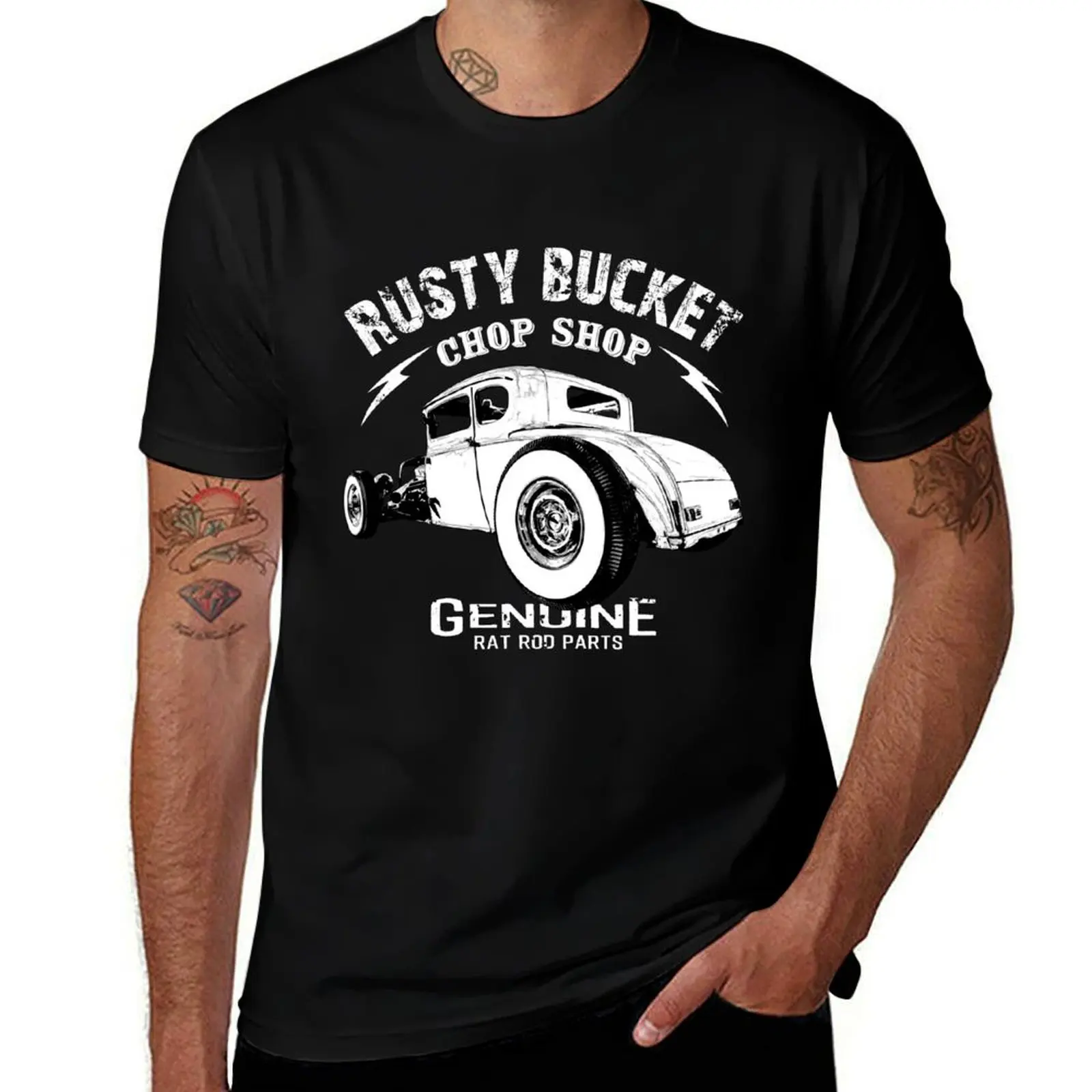 Rusty Bucket Chop Shop - Monochrome T-Shirt t shirt man cotton T-Shirt