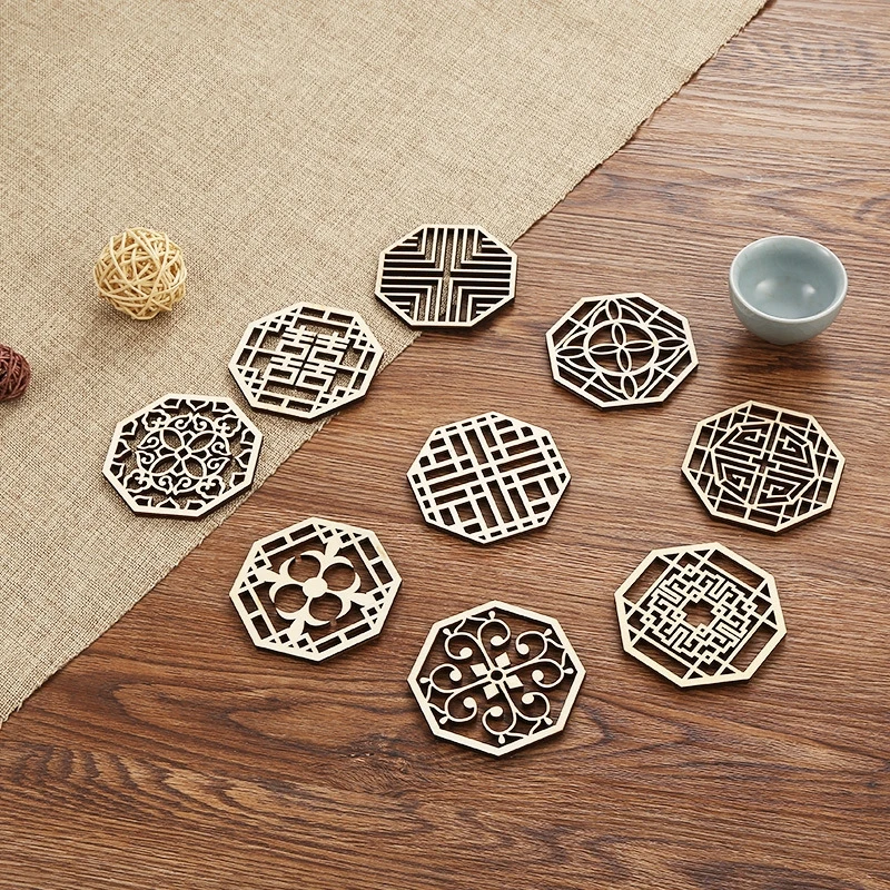 

2PCS 8x8cm Wood Wall Flower of Life Shape Art Home Decor Laser Cut Non-slip Coaster Set Wood Placemats Table Mat Round Cup Pad