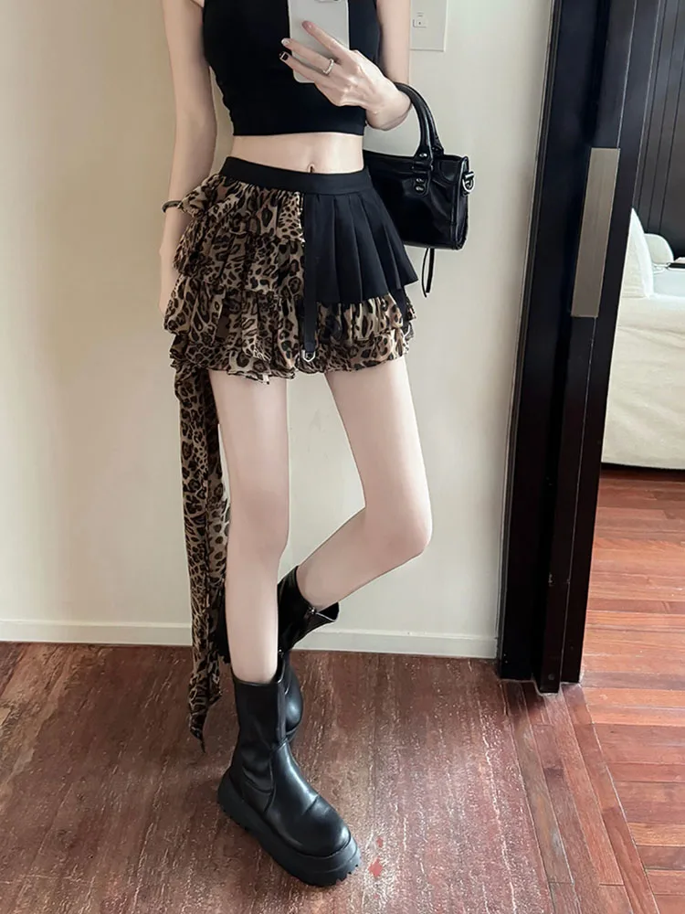 American Style Vintage Streetwear Asymmetrical Design Mini Skirt Autumn Women High Waist Patchwork Leopard Gyaru A-line Skirt