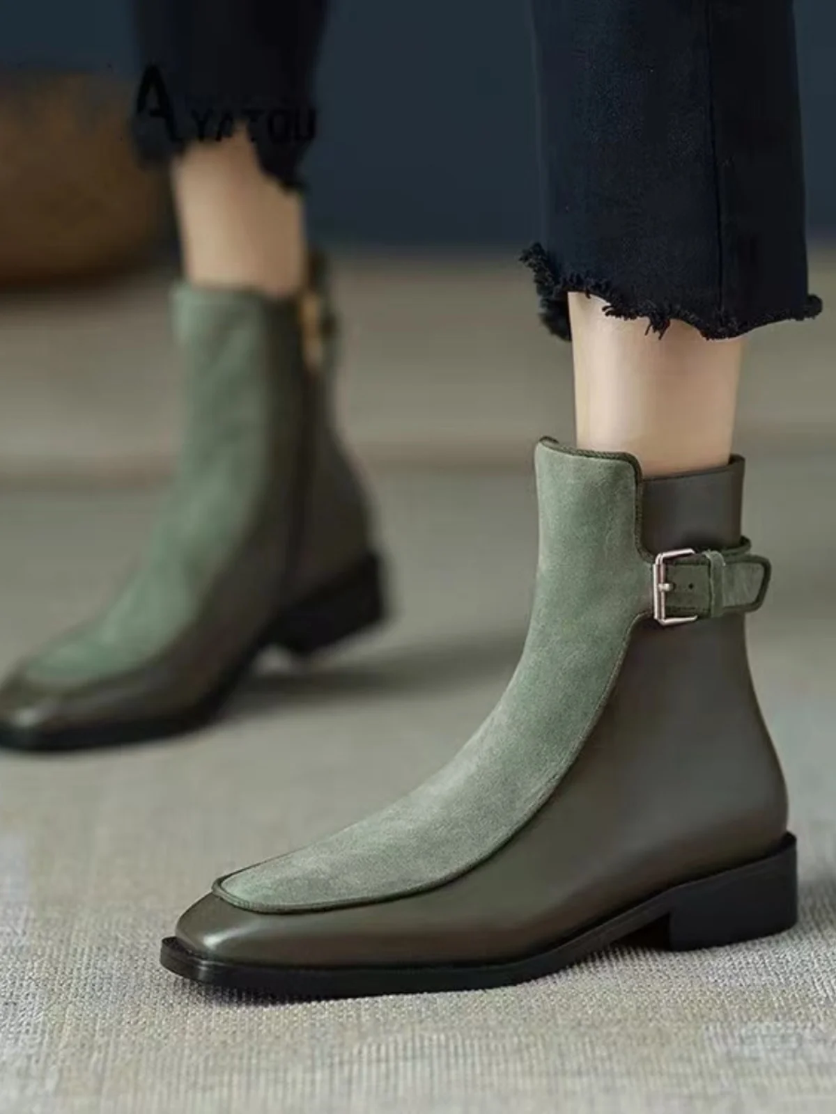 Botas Chelsea britanniques en cuir véritable para mujer, botas carrées retro elegantes con boucle de ceinture,bottes automne