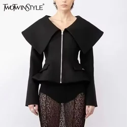 TWOTWINSTYLE Cappotti Temperamento Solido Per Le Donne Risvolto Manica Lunga Patchwork Cerniera Dimagrante Giubbotti Moda Femminile Nuovi Vestiti