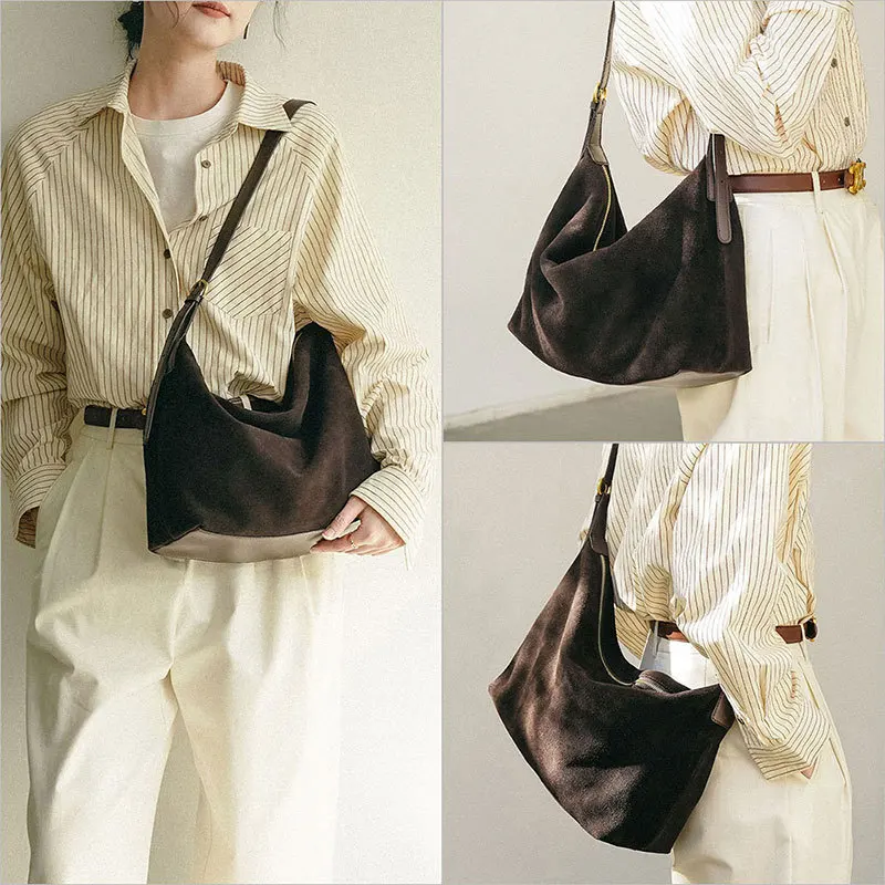 Large Capacity Casual Shoulder Bags for Women Daily Commute Office Use Suede Leather Hobo Bag