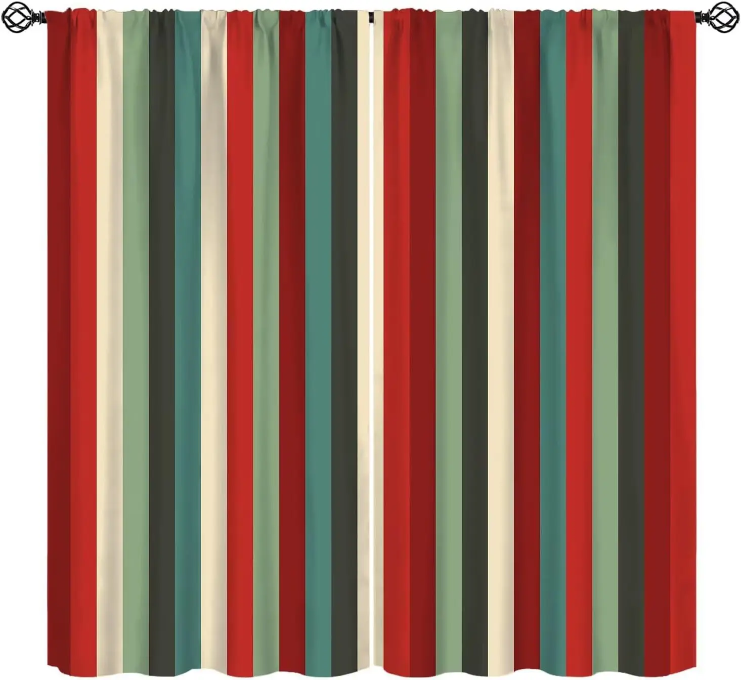 Vintage Striped Curtains, Mid Century Colorful Red Green Vertical Stripe Curtain Abstract Geometric Classic Stripes Treatment