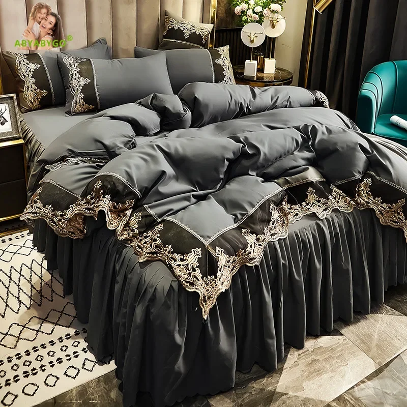 European Style Bedding Set Princess Girls Embroidery Lace Comforter Set Duver Cover Bed Skirt and Pillowcase 4 Pcs Bedding Set