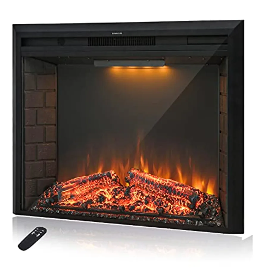 Calentador de chimenea empotrable Retro con inserción de chimenea eléctrica de 33 pulgadas con sonido de grietas de fuego realista, Control remoto y función de temporizador