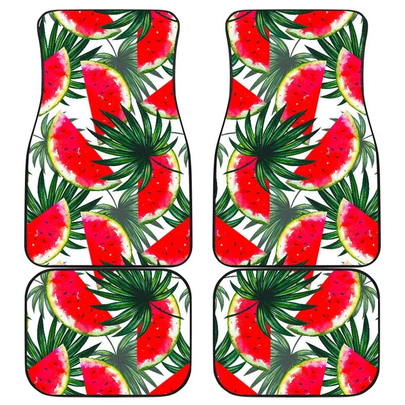 White Palm Leaf Watermelon Pattern Print Front and Back Car Floor Mats    Heavy Carpet Front and Rear Full Set 4PCs Pack