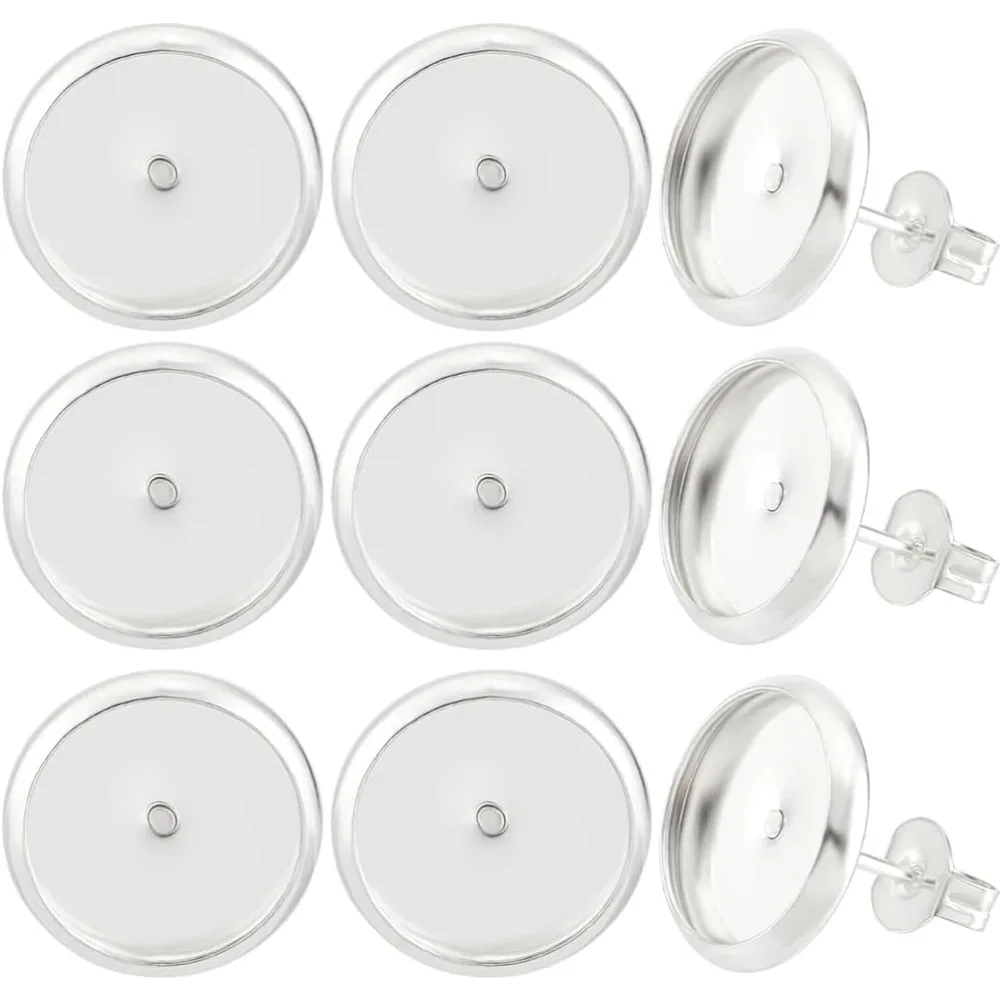 

1 Box 20Pcs Cabochon Earring Blanks 925 Sterling Silver Plated Flat Round Bezel 10mm Tray Post Cup Stud Earring Findings