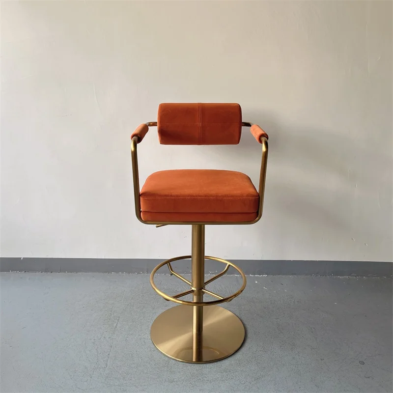 //Luxury Restaurant Modern Wobble High Bar Stools Kitchen Golden Metal Gold Base Velvet Retro Orange Swivel Bar Chair With Back