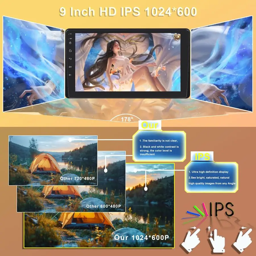 ستيريو سيارة فردي مع Apple Carplay لاسلكي، راديو FM للسيارة بلوتوث 5.2، 1024600 IPS شاشة كبيرة تعمل باللمس، Android Auto،