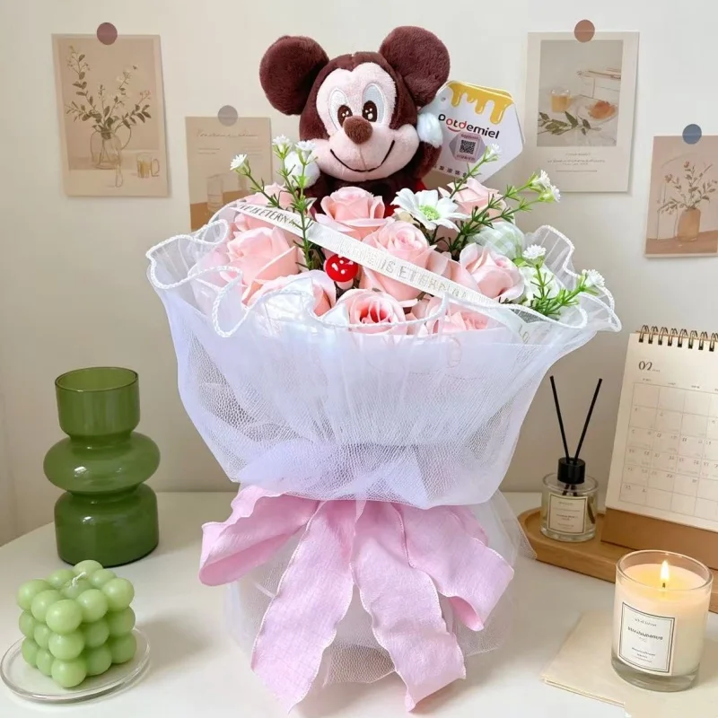 Echte Stitch Mickey Mouse Winnie Plüschpuppen mit Künstlichem Kreativem Blumenstrauß Valentinstag Weihnachten Abschlussgeschenke – Detail 1