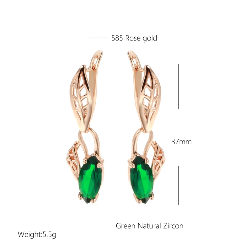 Wbmqda Unique Leaf Long Drop Earrings For Women 585 Rose Gold Color With Green Natural Zircon Wedding Party Fine Jewelry Gifts