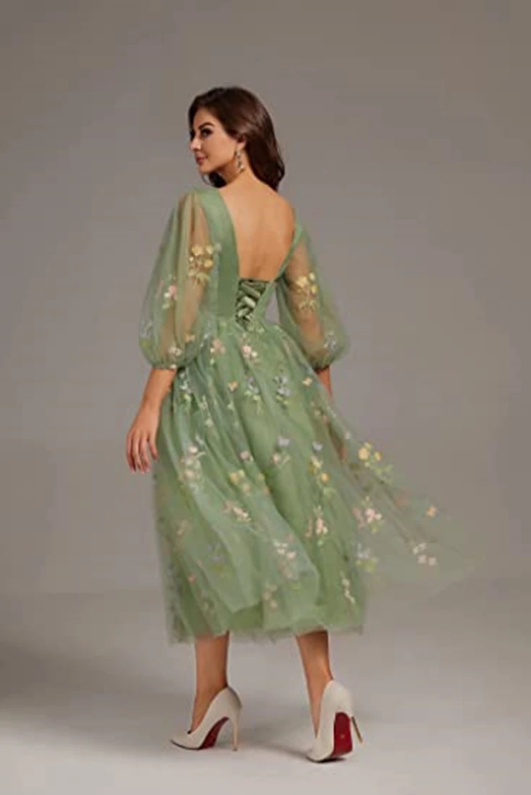 Green Embroidery Lace Prom Dresses Women Puff Sleeves A-Line Long Wedding Party Gowns Open Back Tulle Lace Up Evening Dress 2022