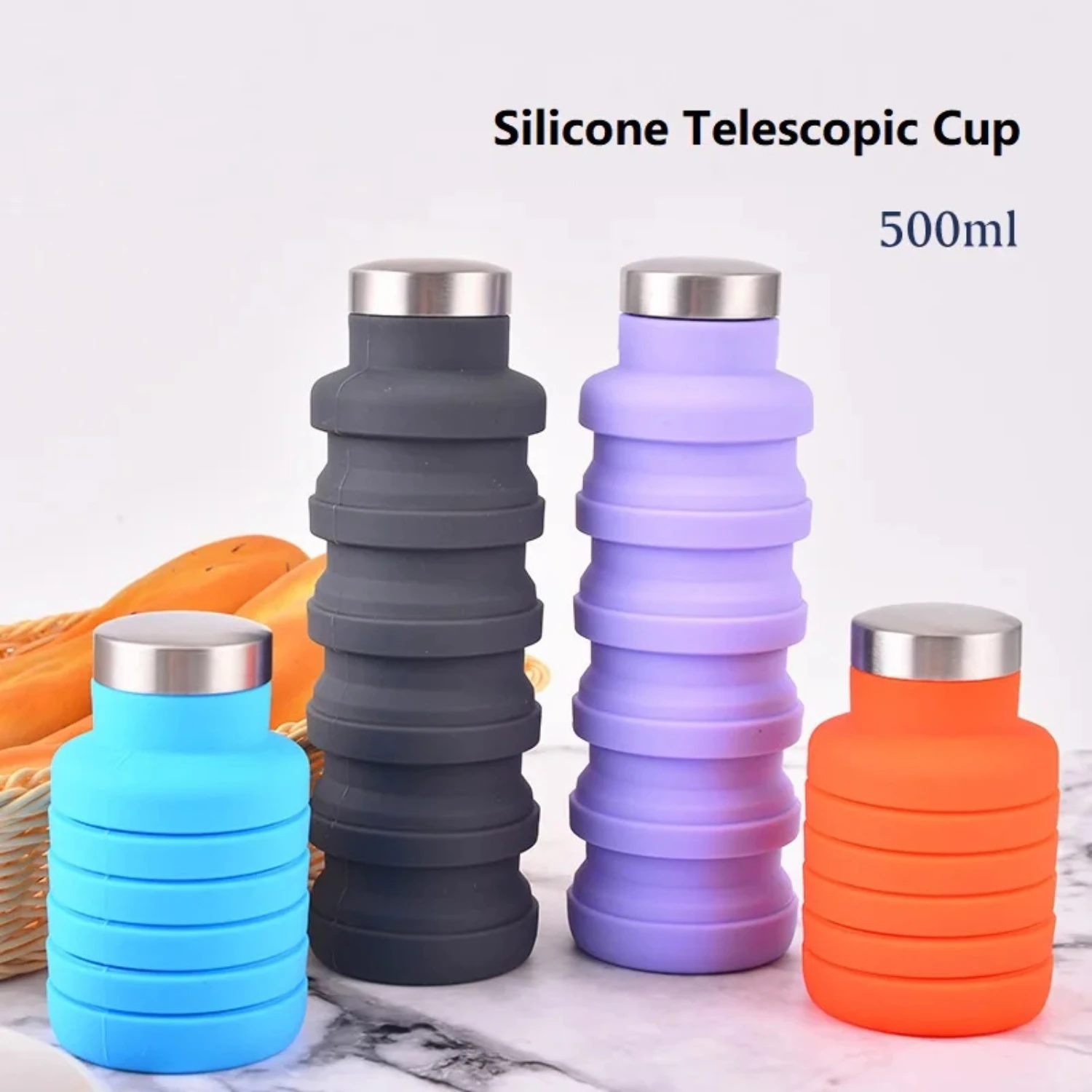 2pcs Collapsible Silicone Water Bottle With Carabiner, Portable Telescopic Cup With Stainless Steel Rim, For Sports, Outdoor, Tr