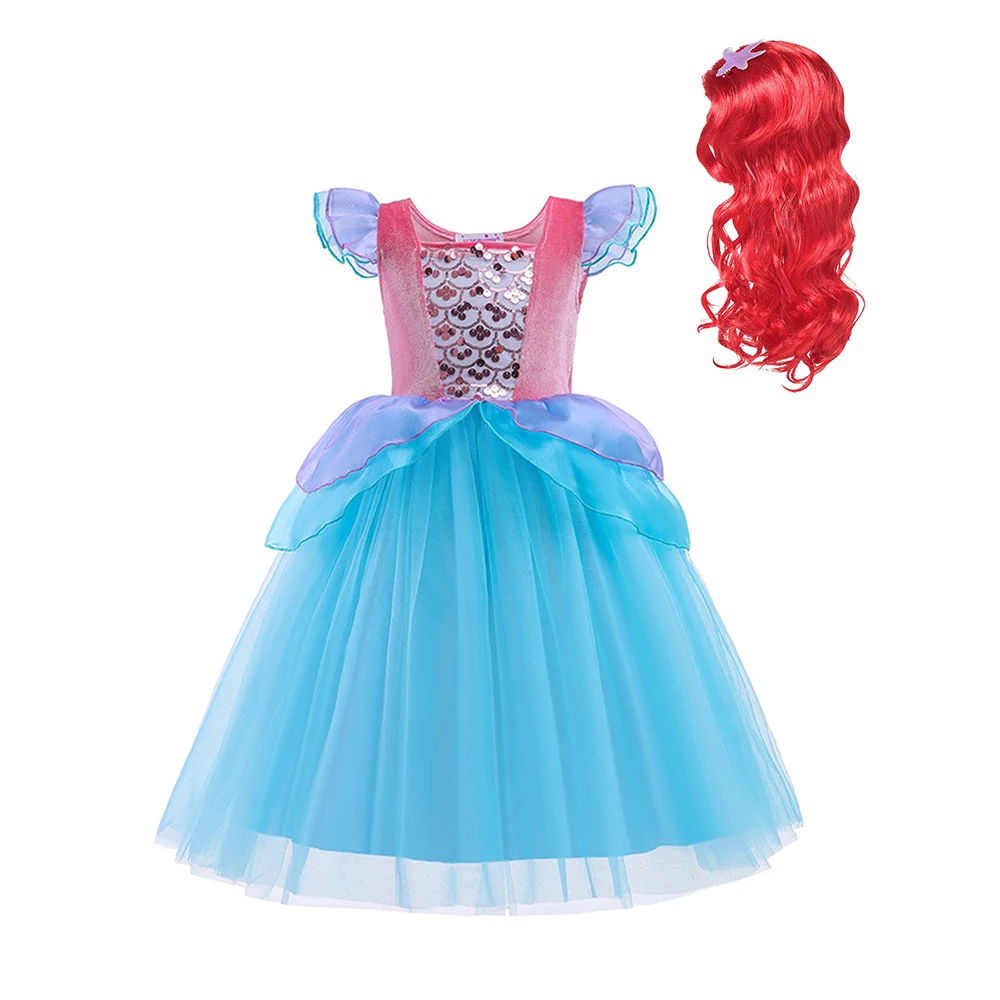 

Children's Disguise Carnival Costume Fairy Mermaid Princess Sequins Flying Sleeve Dress With Wig Birthday Party Costume 2-10Y