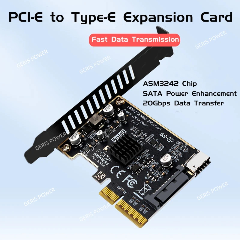 PCI-E X4 to USB 3.2 Expansion Card 20Gpbs Type E Express Card ASM3242 Chip SATA15Pin Header for Type C Front Panel Mount Adapter
