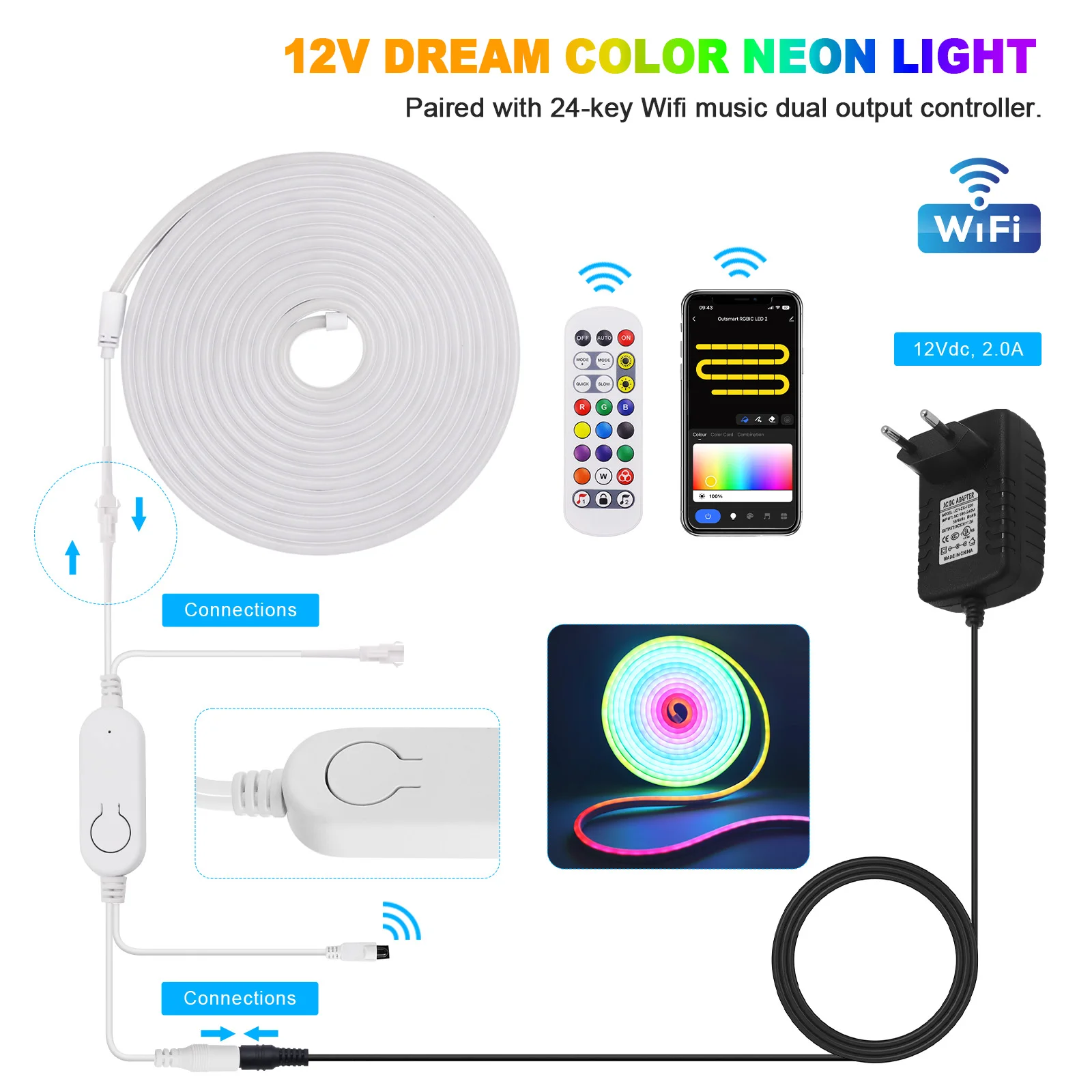 Imagem -06 - Tuya Neon Led Strip 12v 24v 84leds m Corda de Néon Luz Bluetooth App 24 Teclas Controle Remoto à Prova Impermeável Água Sonho Cor Ws2811 Fita Led