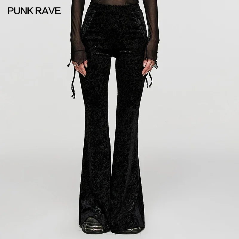 

PUNK RAVE Women's Gothic Dark Texture Jacquard Velvet Flare Pants Lace Drawstring Personalized Black Trousers Autumn/winter