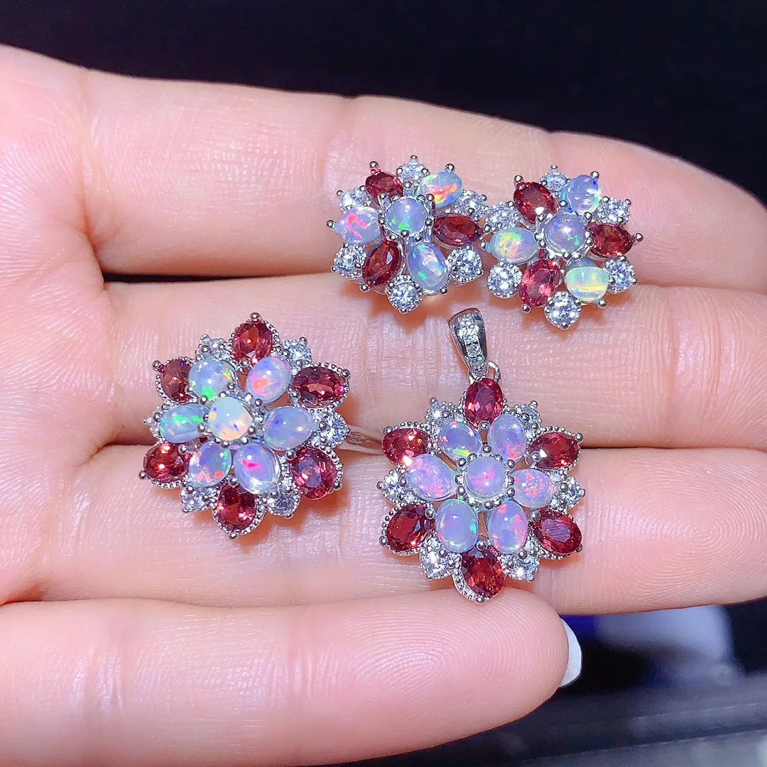 

Natural Opal Necklace Ring Earrings Set, S925 Silver Setting 4x3mm Main Stones, Vibrant Opal Jewelry Gift for Women