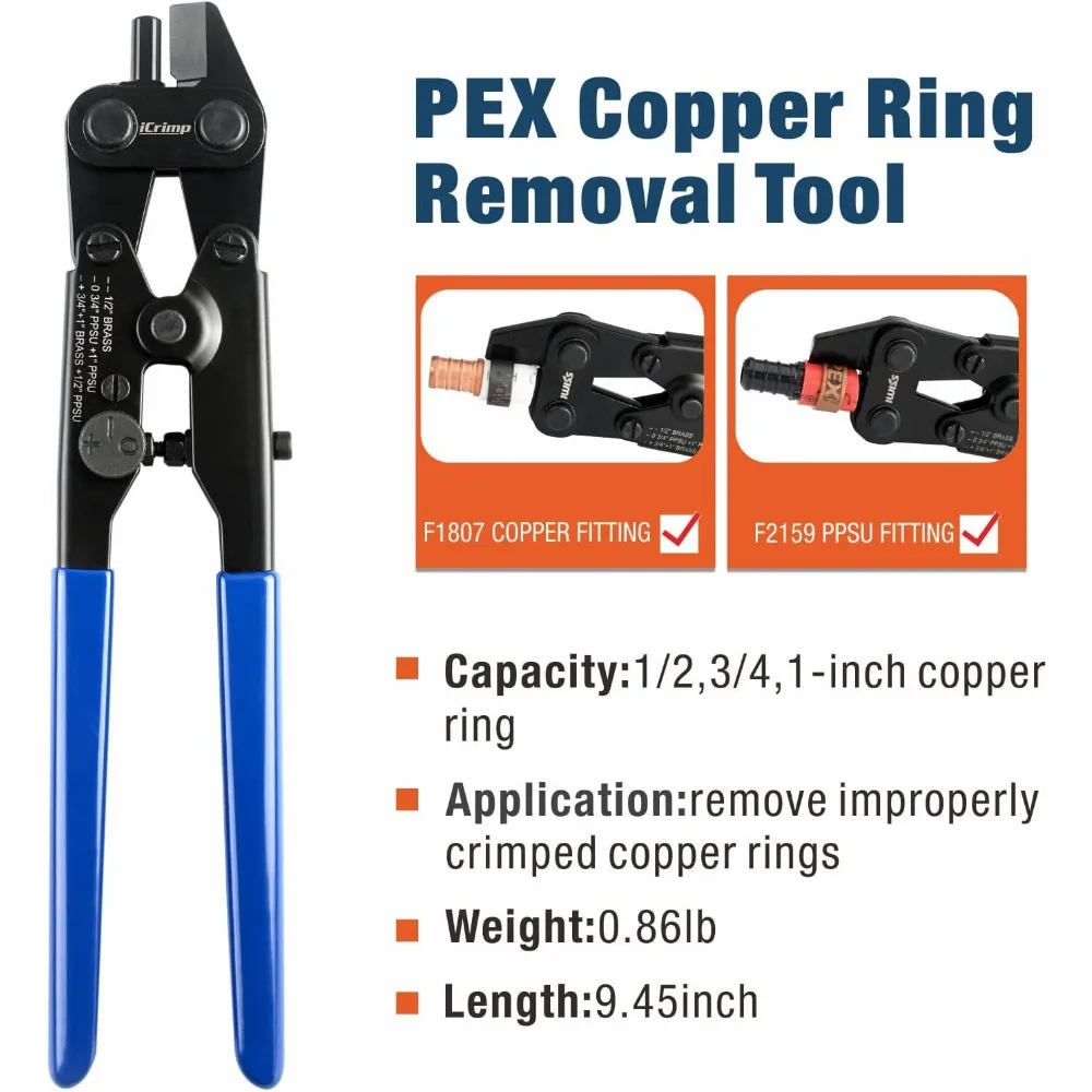 Copper Ring Crimping Tool Kit for 3/8,1/2,3/4,1-inch Pex Pipe with Free Removal Tool & Cutter & Gauge