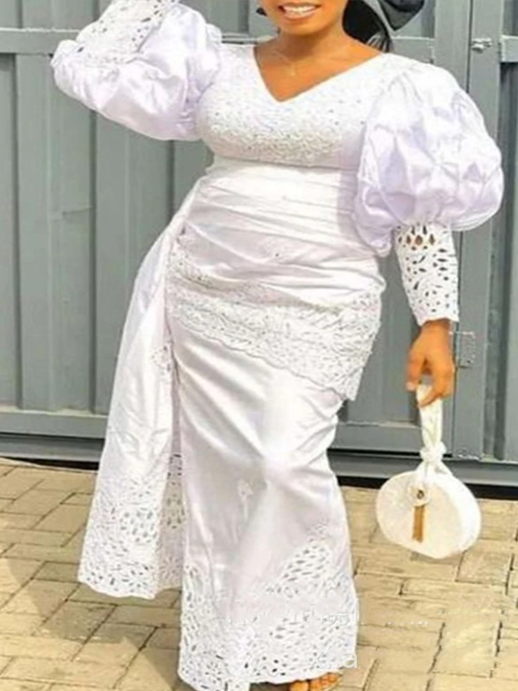 

Elegant White Dress Women Lantern Sleeve Sexy Hollow Out Summer Dress Evening Romantic Vintage Dresses Wholesale Dropshipping