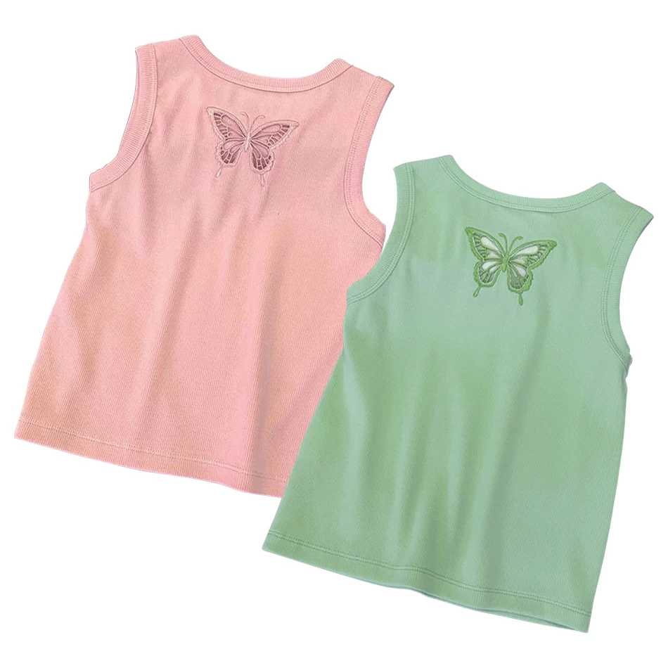 

Girls Fashion Butterfly Pattern Summer Vest Sleeveless Camisole Children Inner Base Tops Tee Kids Solid Color Casual Wear