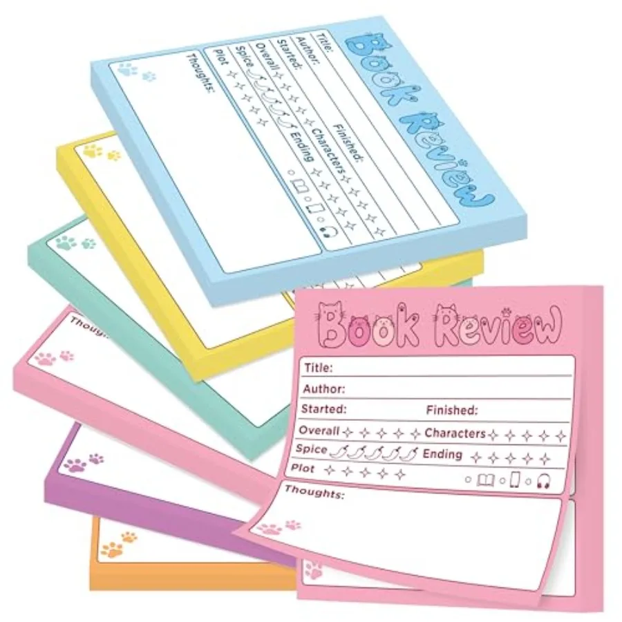 

Book Review Sticky Notes - 6P Back to School Self-Stick Note Pads Reading Tracker for Book Lover Readers, 300 Sheets Kitten Mem