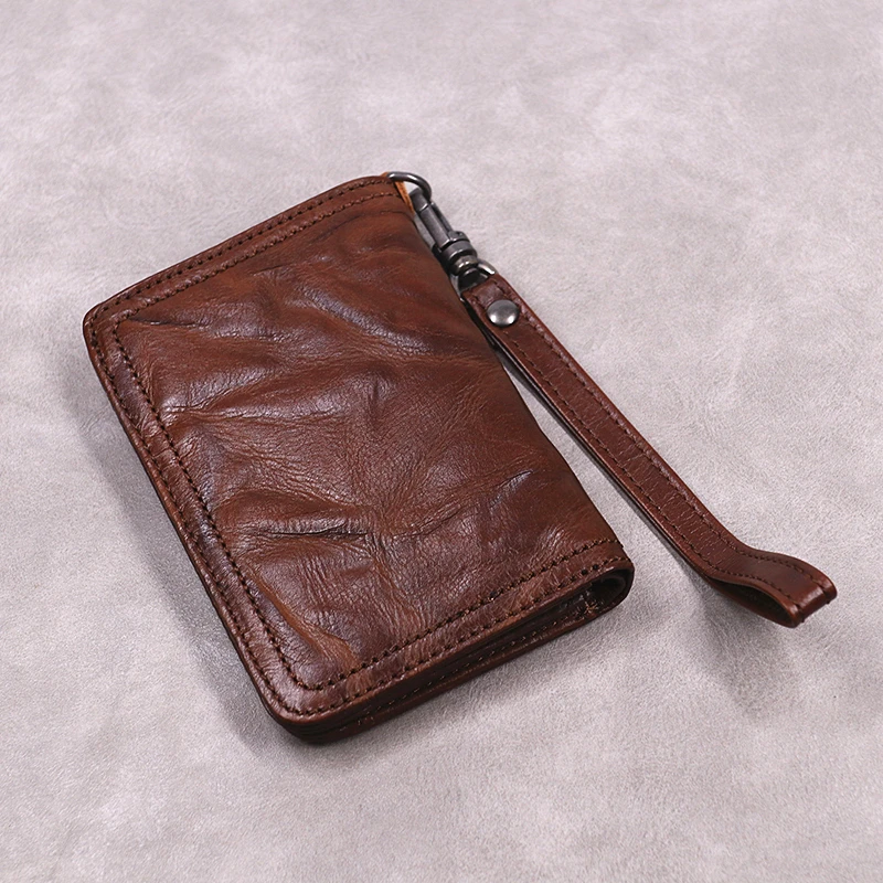 Genuine Leather Wallet For Men Retro Wrinkled Cowhide Short Bifold Purse Card Holder Women With Zipper Coin Pocket Wrist Strap