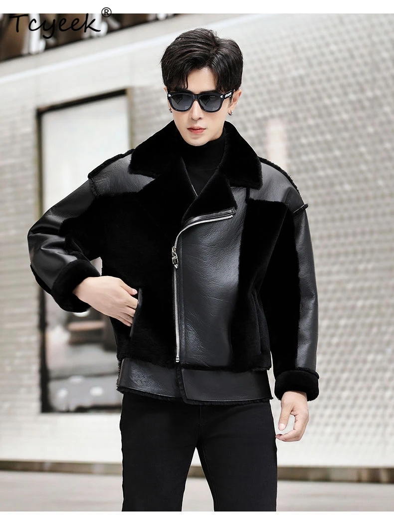 Tcyeek Natural Real Sheepskin Fur Coat Men Winter Clothes Genuine Leather Man Jackets 2025 Motocycle Jacket Streetwear Дубленка