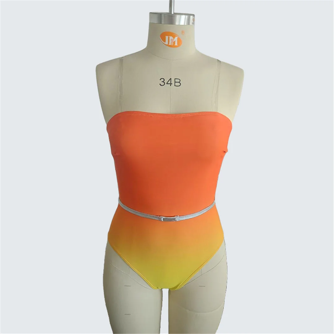 S - XXL Bandeau-Badeanzug mit Farbverlauf und Gürtel, einteiliger Badeanzug für Damen, Monokini mit hohem Beinausschnitt, Badebekleidung, Badeanzug, Modell V7511. – Detail 10