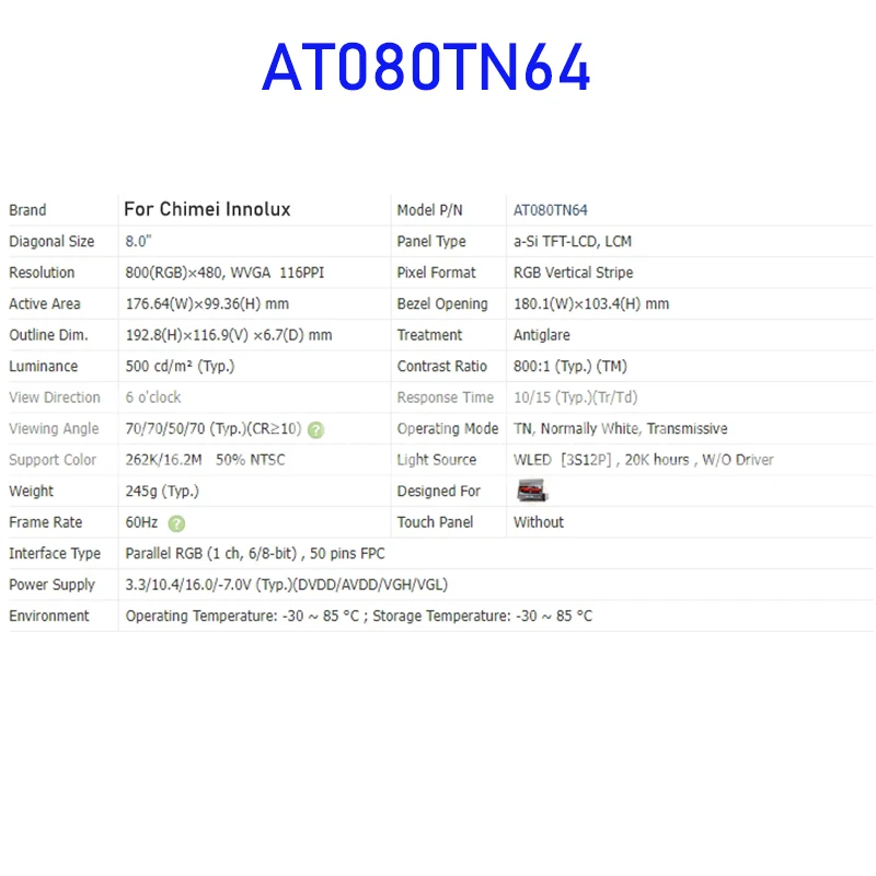 Panel layar tampilan LCD AT080TN64 8.0 inci, asli untuk Chimei Innolux baru dan pengiriman cepat telah diuji penuh