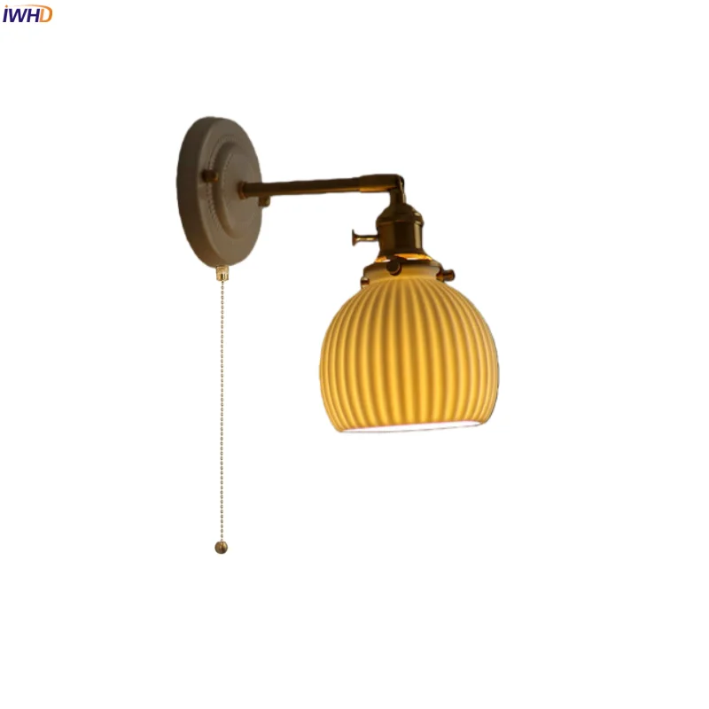 

IWHD Japan Vintage LED Wall Sconce Lamp Bedroom White Ceramic Pull Chain Switch Copper Bathroom Mirror Stair Lights Wandlamp