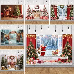 Old Brick Fireplace Christmas Tree Gift Teddy Bear Baby Christmas Party Photo Backdrop Photography Background Photo Prop Decor
